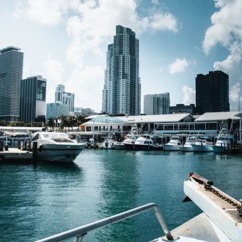 View of the Miami shoreline from a boat. 