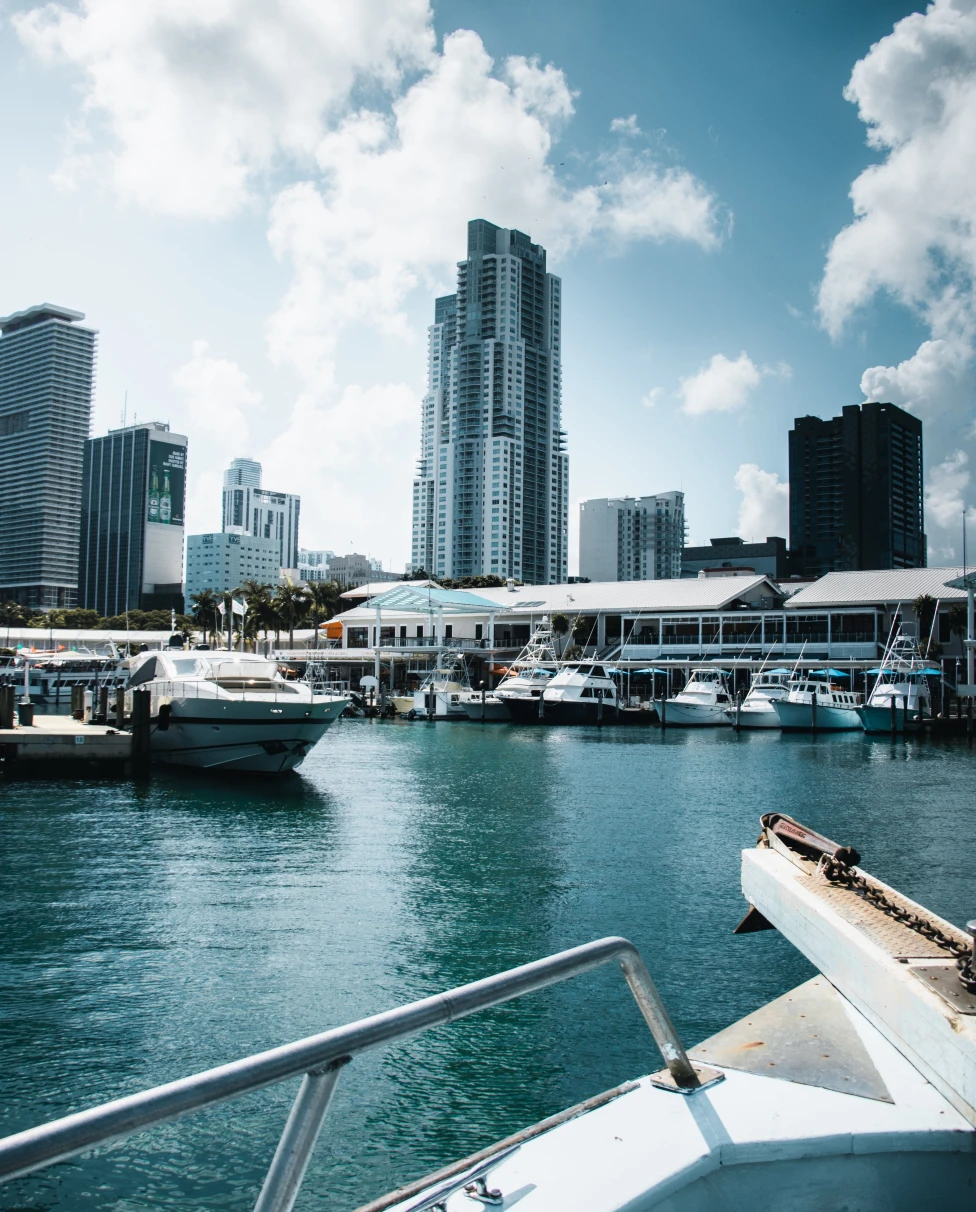 View of the Miami shoreline from a boat. 