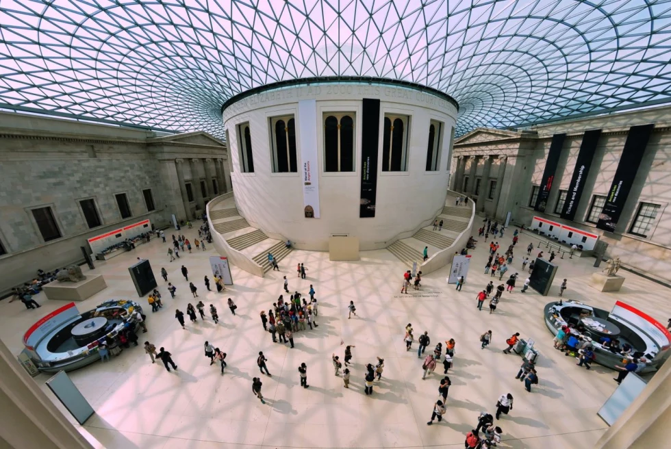 birds eye view of white lobby of museum