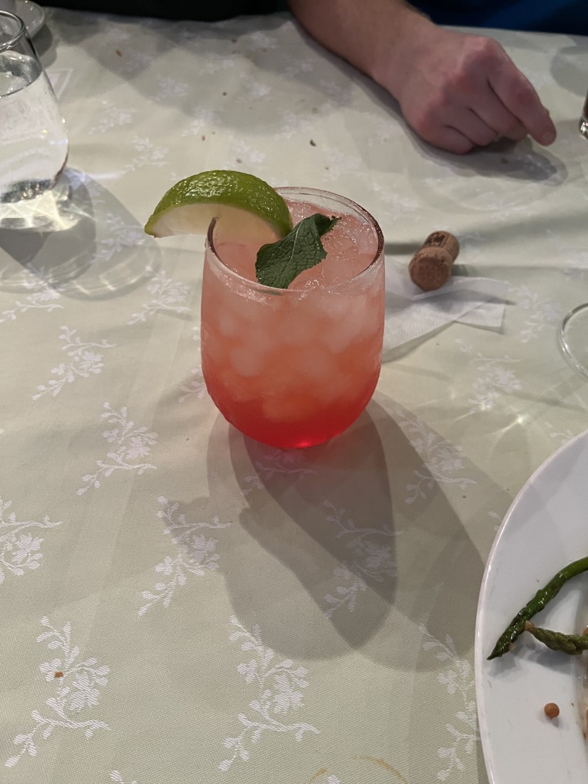 A tropical and refreshing cocktail, topped with a lime wedge and a mint leaf. 