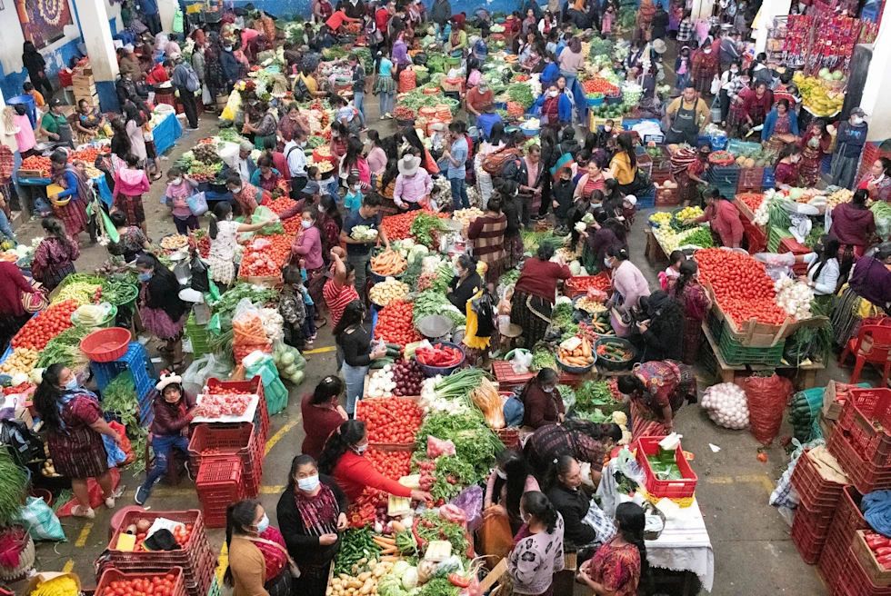 tables of fruits and vegetables in colorful bins