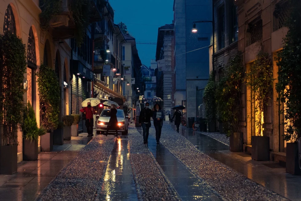 cobblestone street in the rain at night