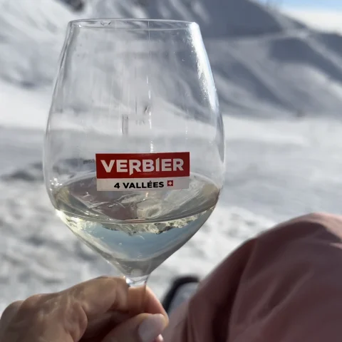 a wine glass in hand at the top of a ski mountain