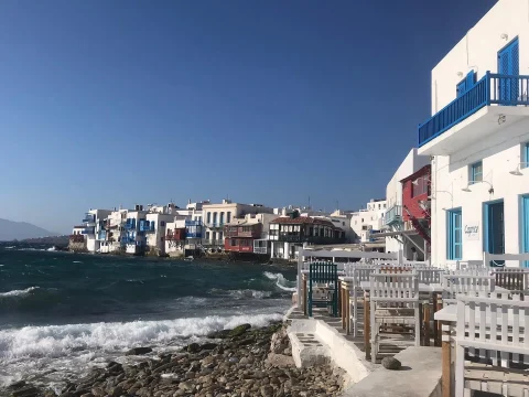 White building in Mykonos on seashore