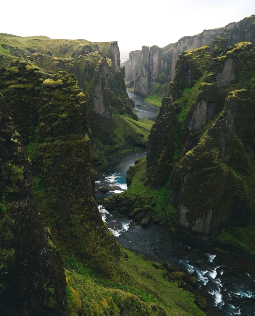 a river running through a green canyon