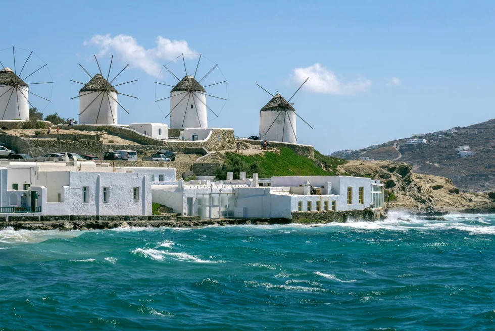 a rows of windmills on an island