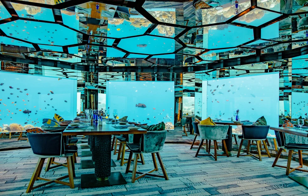 Under sea, aquarium restaurant with all glass and fishes outside. 