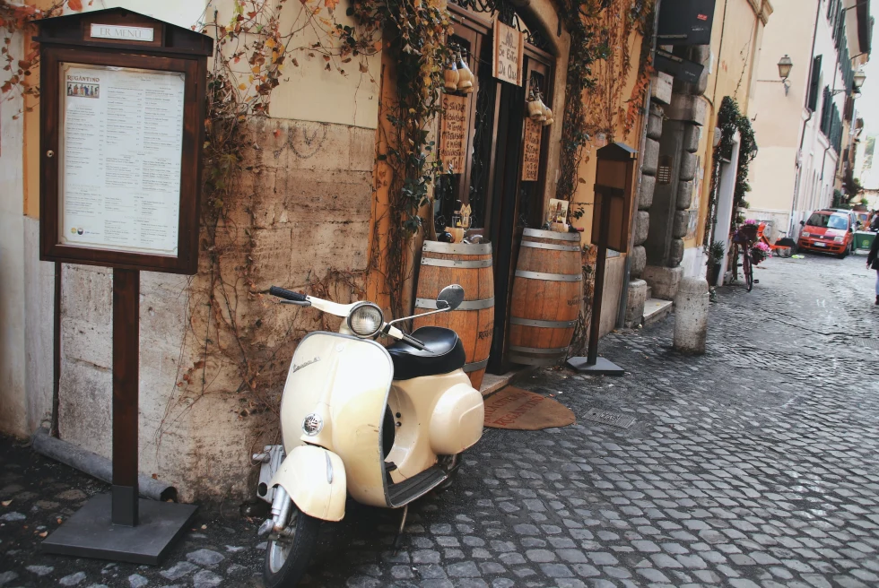 The cobblestone streets of Trastevere, neighborhood in Rome.