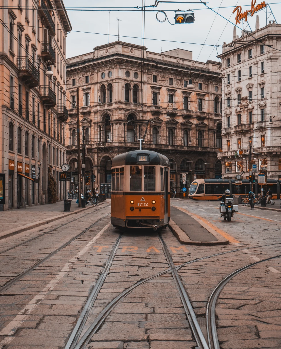 A tram on the old streets of Milan. 