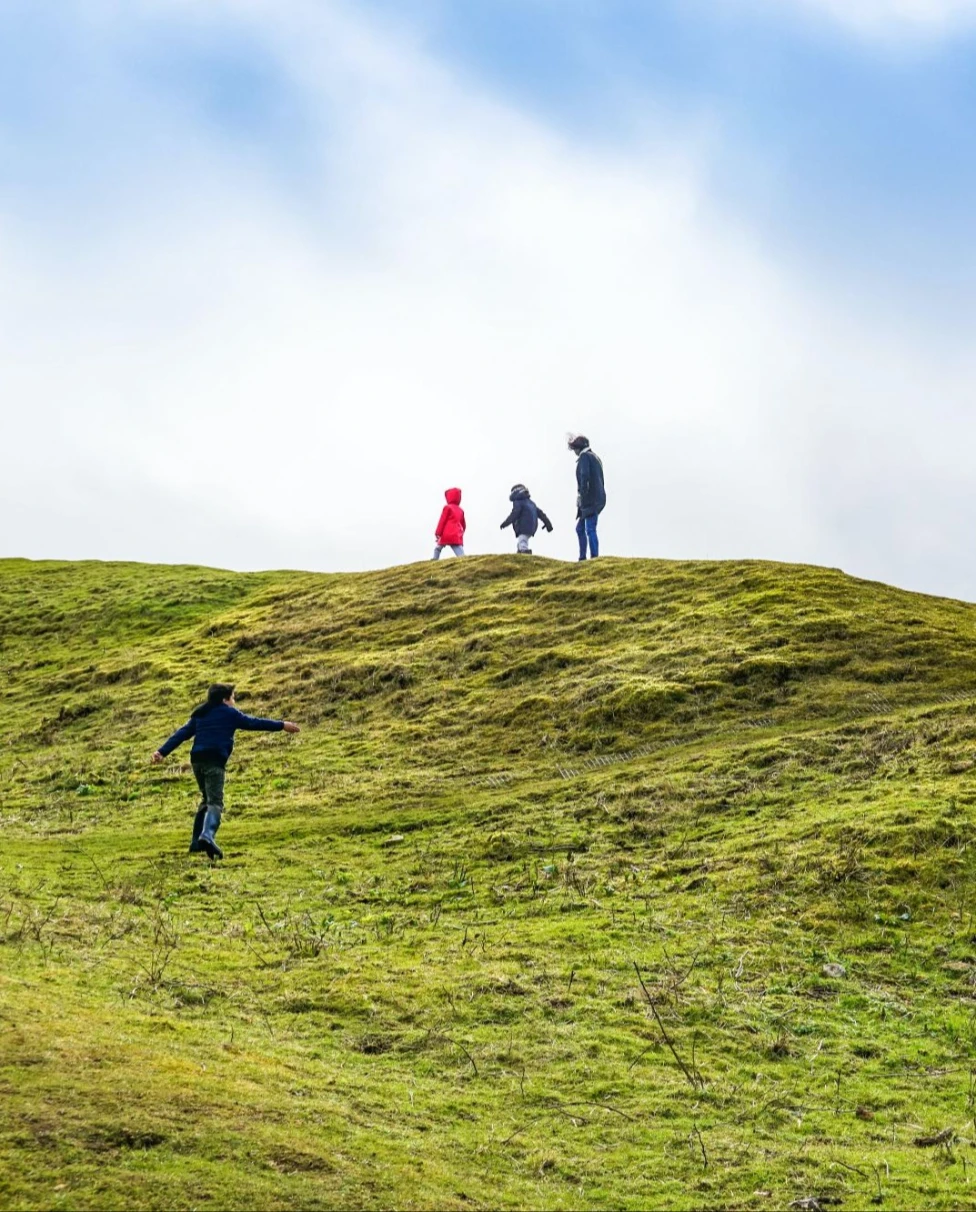 family walking on a grassy hill