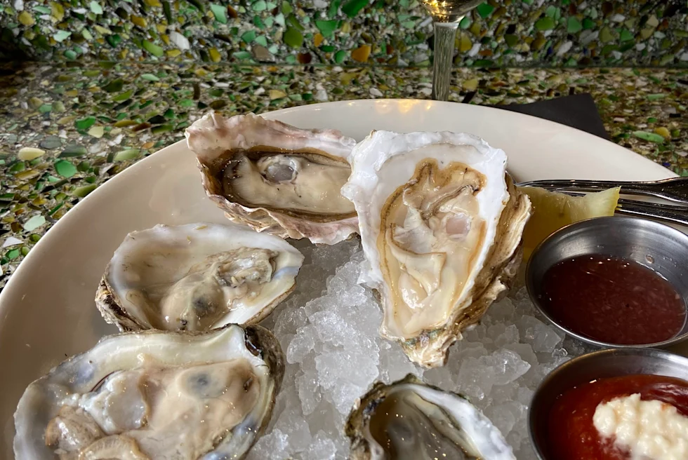White bowl of oysters next to a glass of white wine