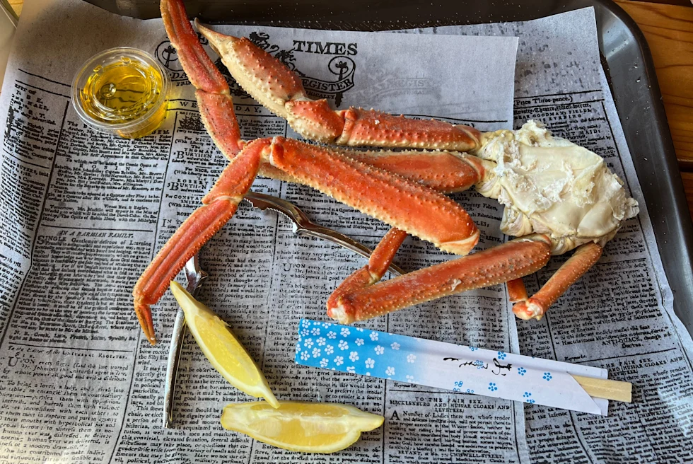 Crab legs served on a tray.
