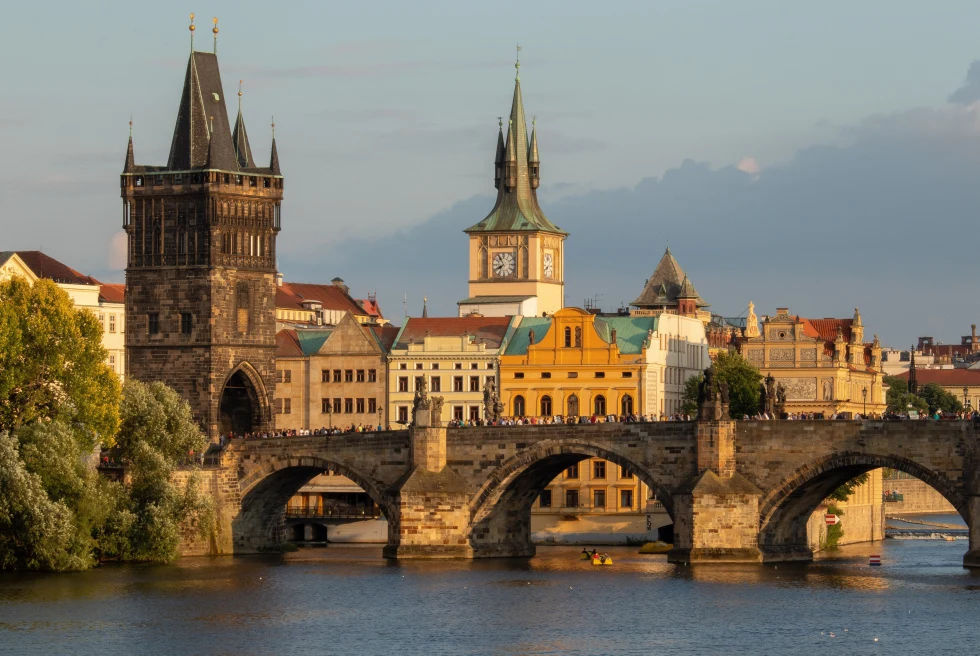 Bridge with buildings in the background in Prague