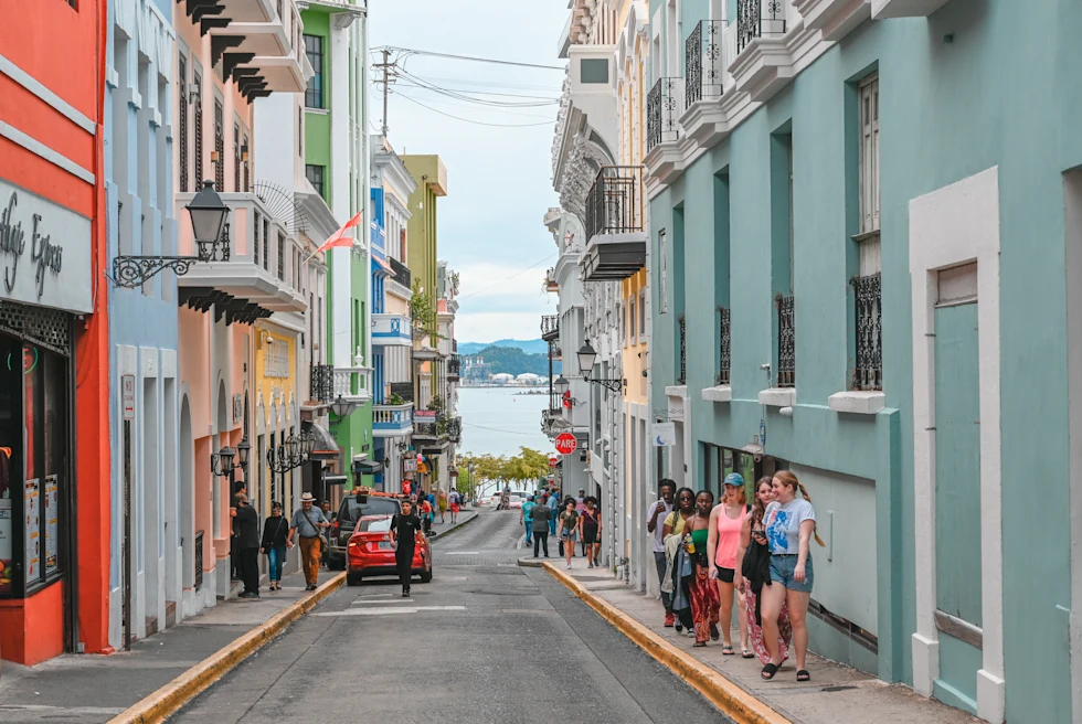 people walking down street lined with cars