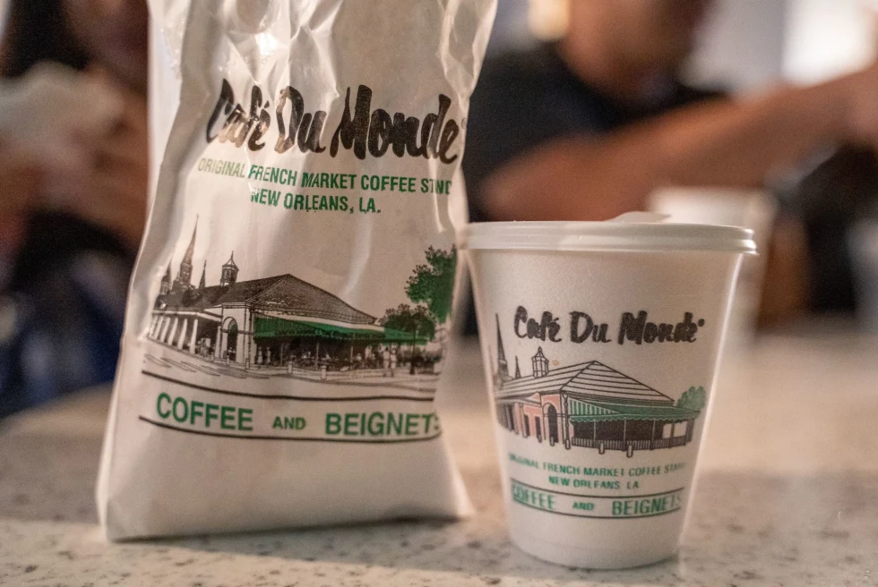 coffee and bag with beneigh from Cafe du Monde in New Orleans