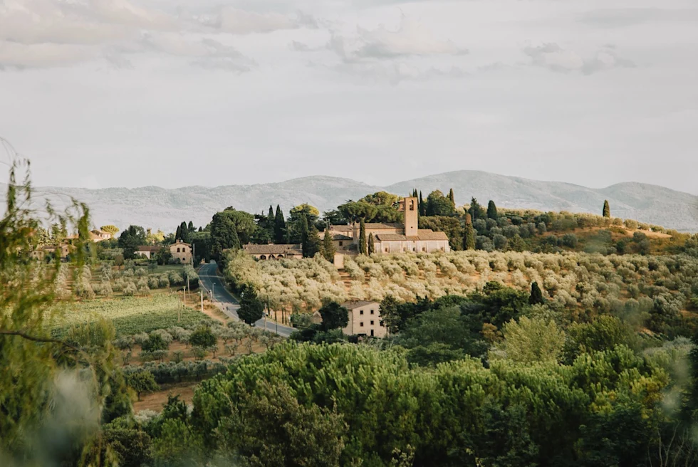 ancient city scape with mountain region in the distance of a foggy day
