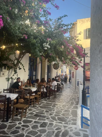 small street with pink flowers and busy outdoor restaurant
