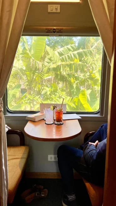 A train with two drinks. 