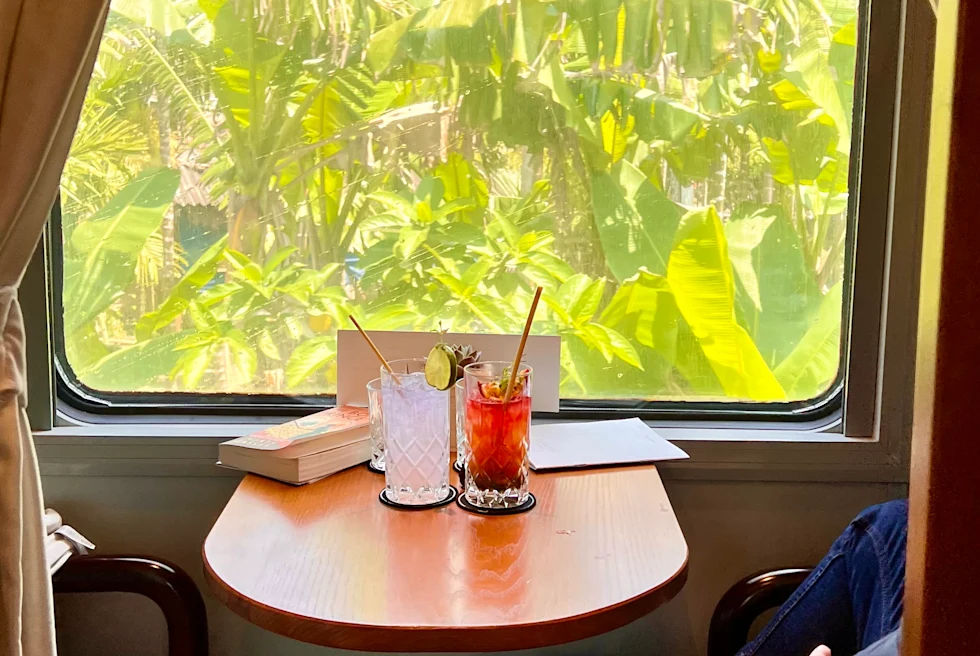 A train with two drinks.