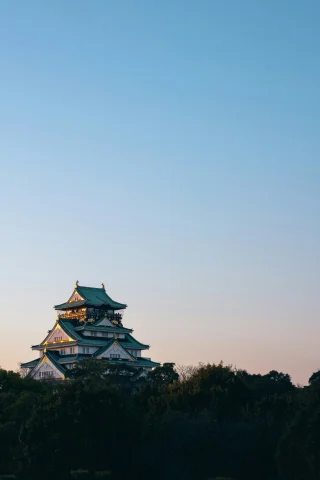 A far view of the Osaka Castle on a hill during sunrise.