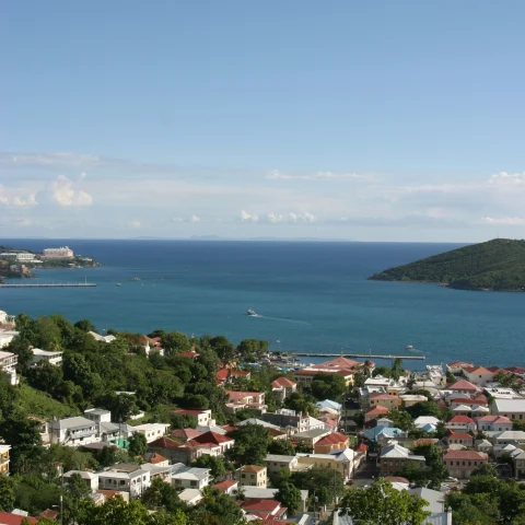 Hilltop view of Charlotte Amalie town and harbor, St. Thomas.

