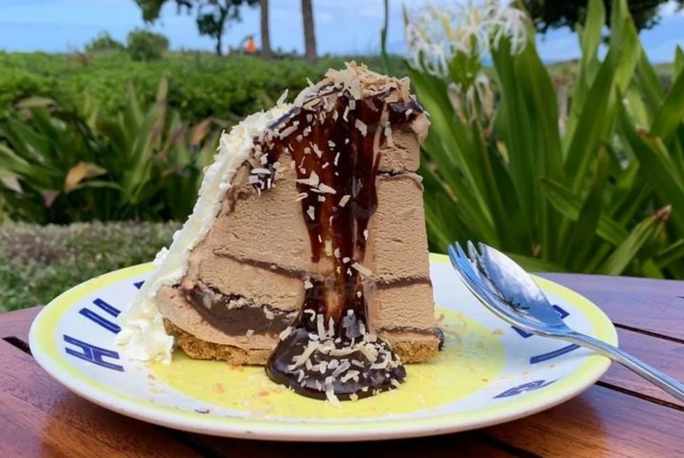 Duke's Hula Pie is made with macadamia nut ice cream stacked high on a scrumptious chocolate cookie crust.