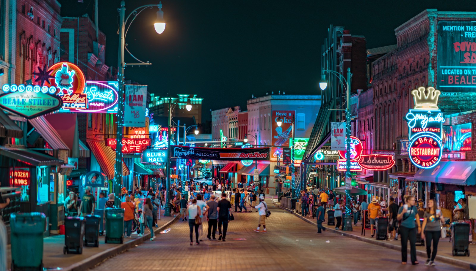 Street way in Memphis, Tennessee lined with colorful neon signs