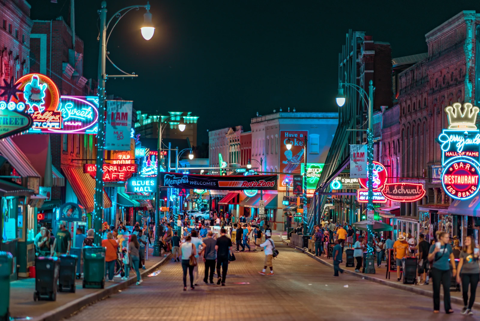 Street way in Memphis, Tennessee lined with colorful neon signs