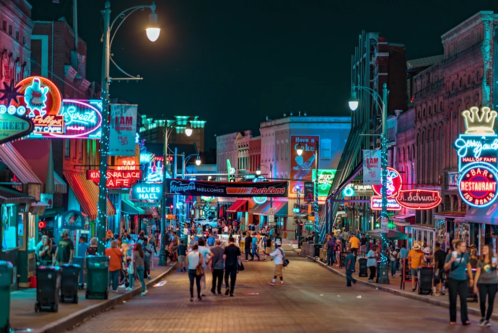 Street way in Memphis, Tennessee lined with colorful neon signs