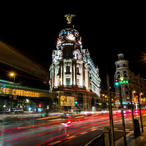 Street at night in downtown Madrid, Spain