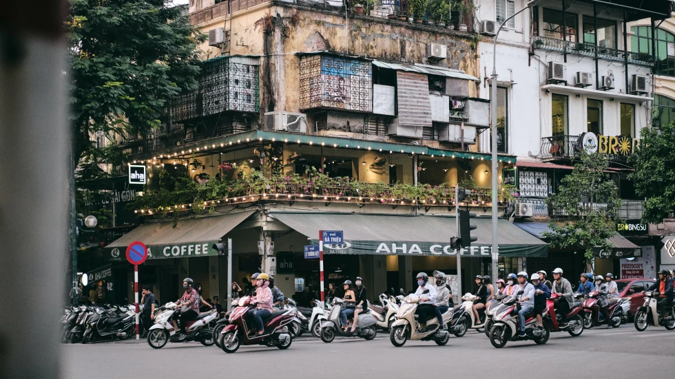 People on motorcycles in Hanoi. 