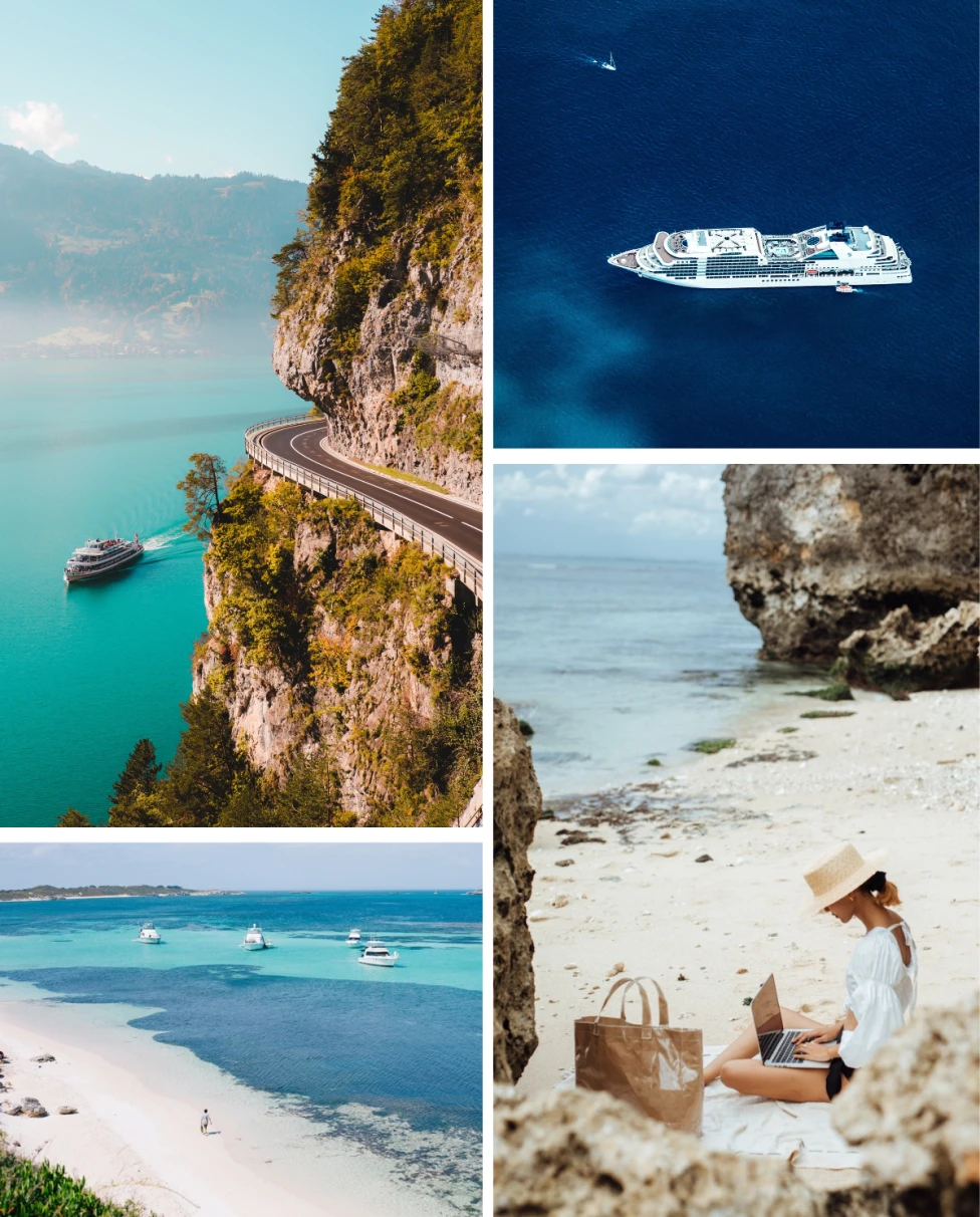Four images: top left: large boat in body of water next to cliff during daytime; top right: large boat in body of water during daytime; bottom left: woman sitting on path with computer and camera; bottom right: woman sitting on the sand with a computer during daytime