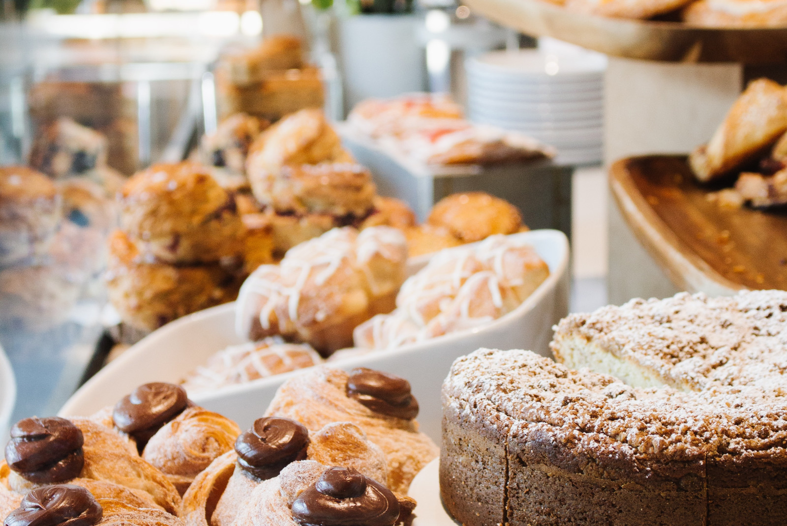 Bakery case of muffins and cakes