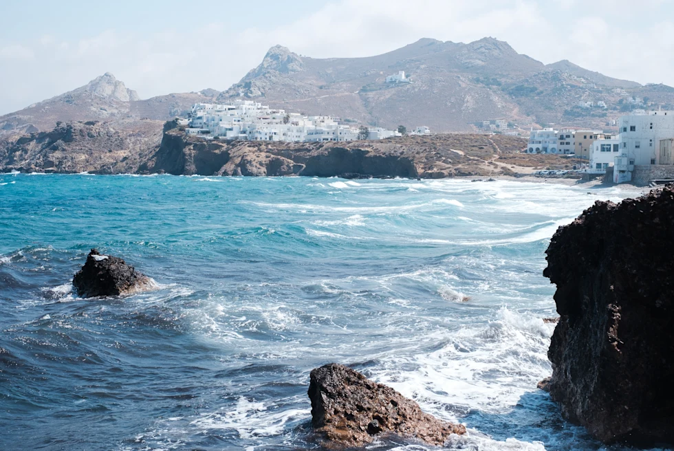 Naxos Greece coastline with blue waters. 