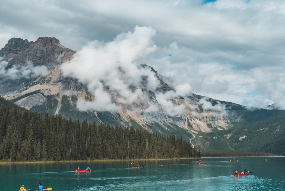A beautiful lakeside and boats in Canada.