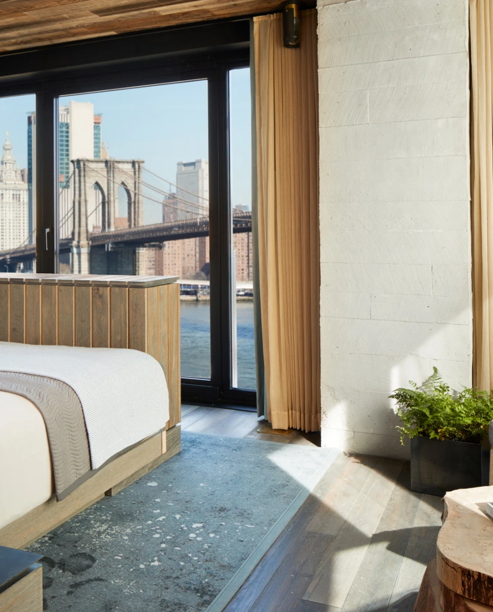 1 Hotel Brooklyn Hotel suite with hammock and a view of BK Bridge 