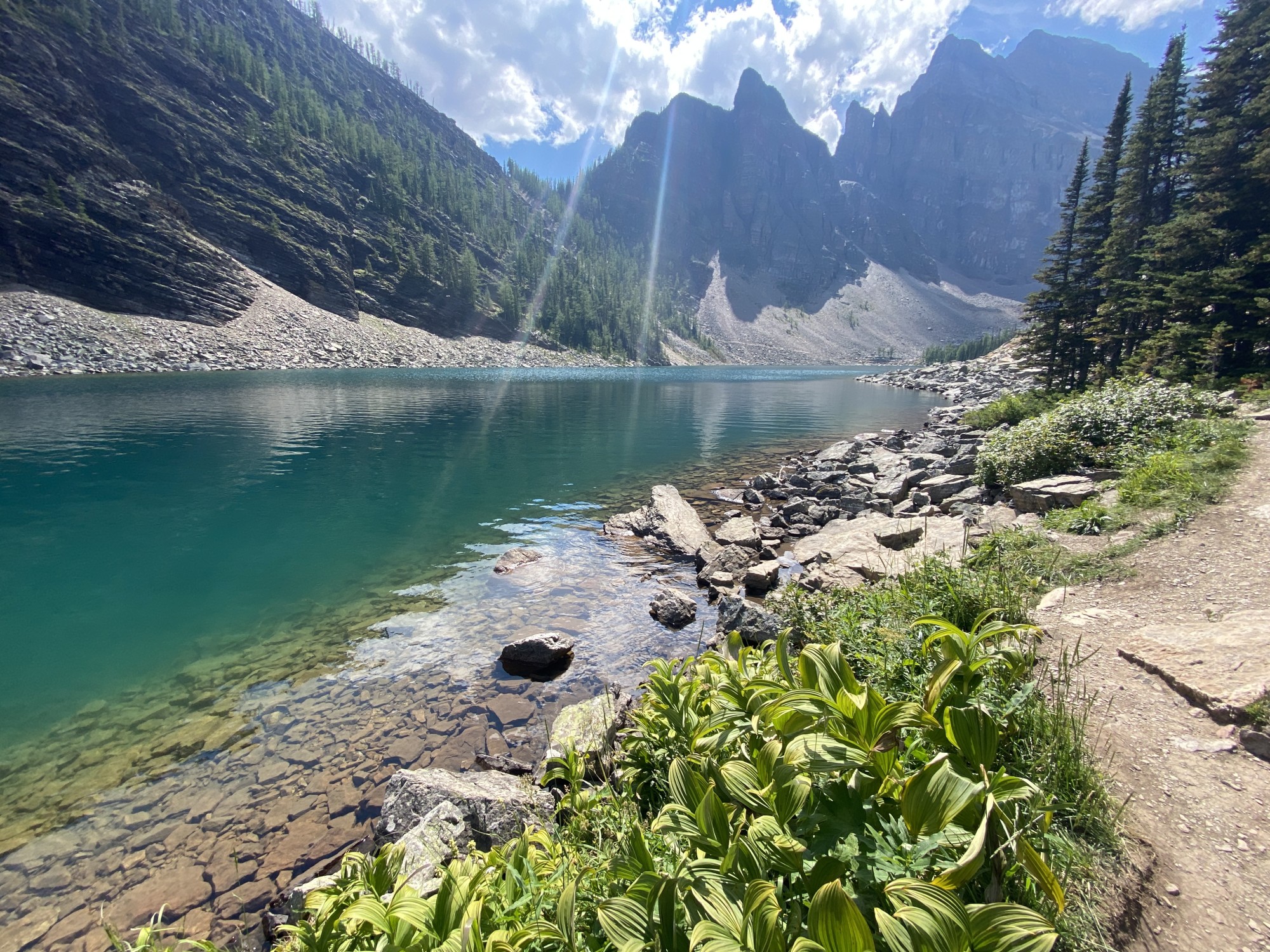 A clear water body with green mountains at the back during daytime. 