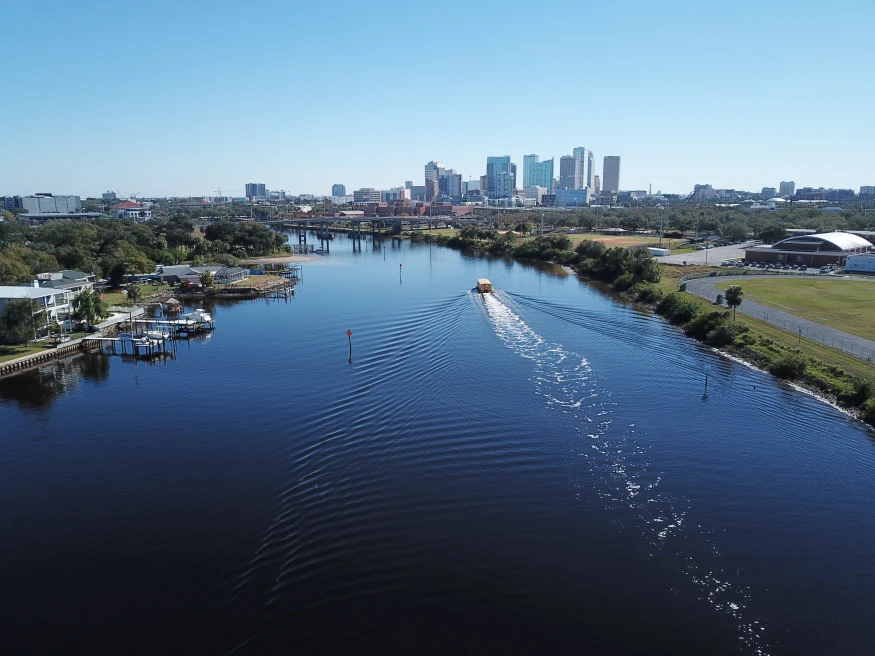 Aerial view over a river in Tampa.