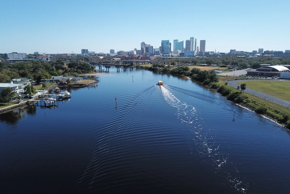 Aerial view over a river in Tampa.