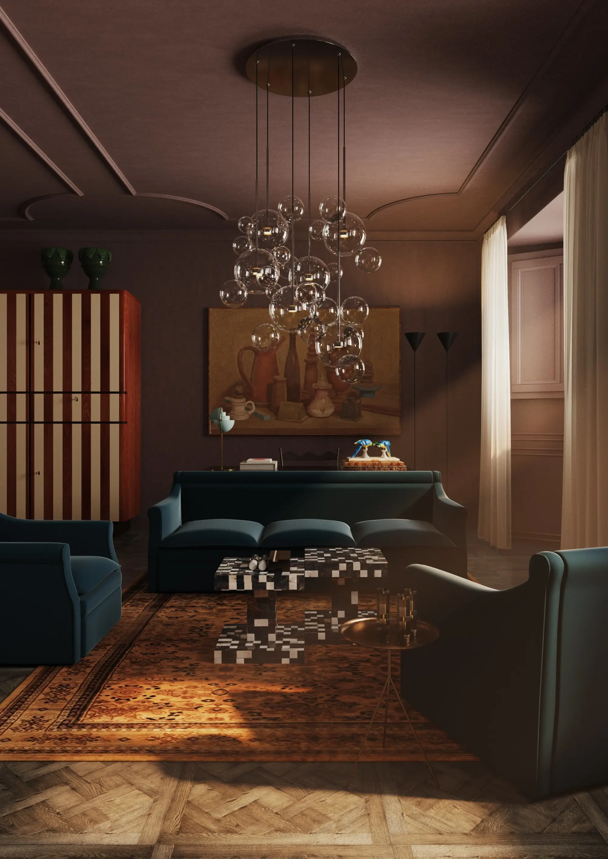 a handsome living room with a teal couch and a glass-ball chandelier