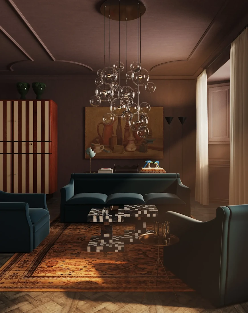 a handsome living room with a teal couch and a glass-ball chandelier