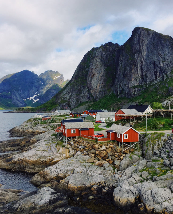 Red houses next to mountain and body of water with cloudy skies during daytime