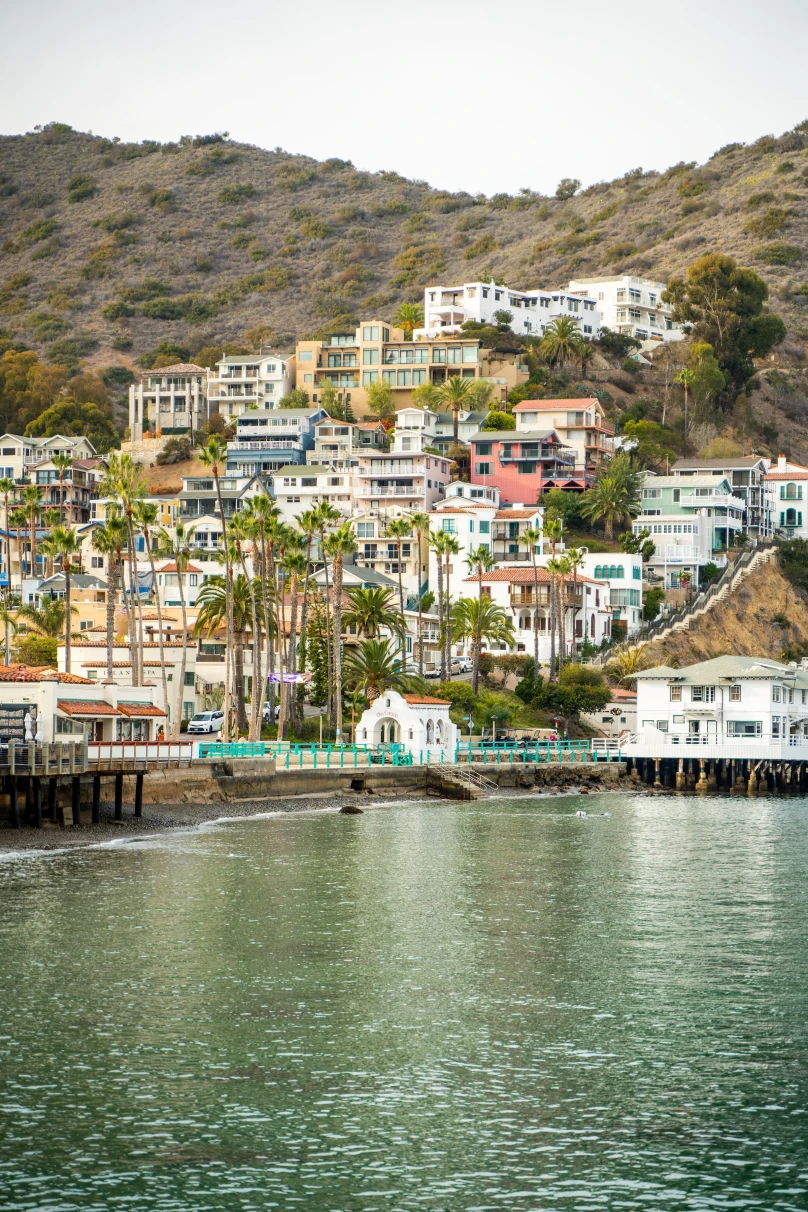 View of the hillside of Avalon, Catalina Island, with rows of houses, a boardwalk and water