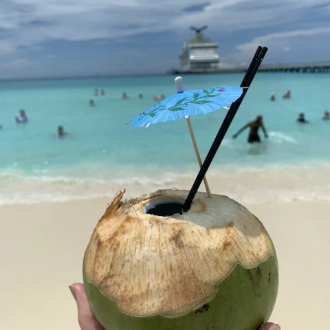A hand holding up a coconut with a straw in it on the beach during the daytime