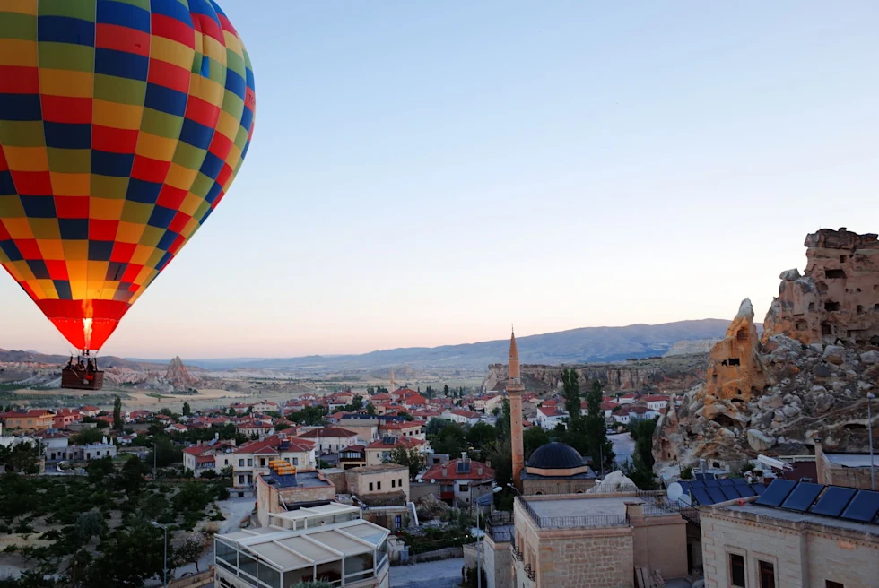 hot air balloon over city
