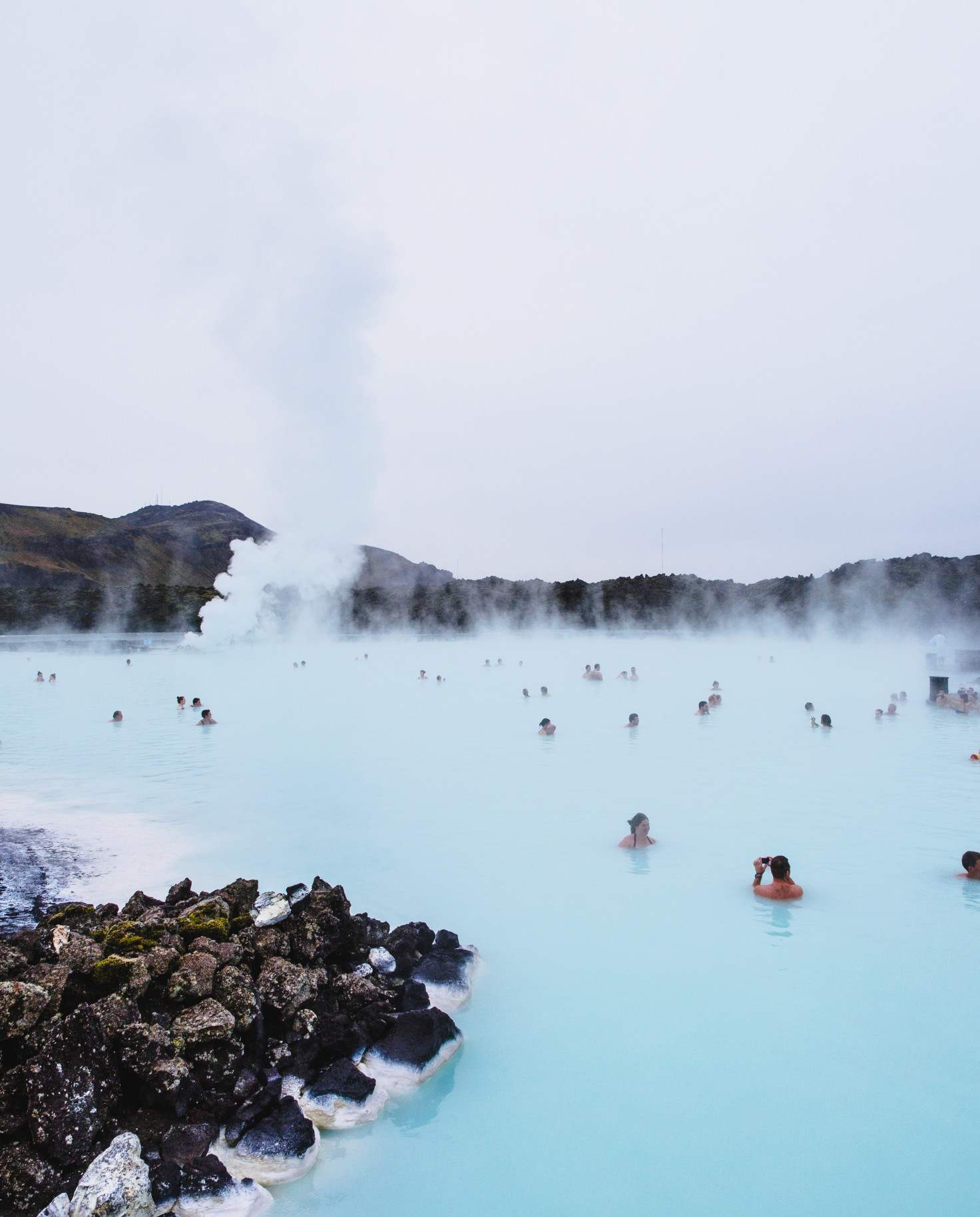 The Blue Lagoon filled with people in Iceland. 