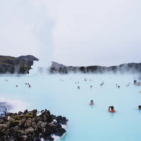 The Blue Lagoon filled with people in Iceland. 