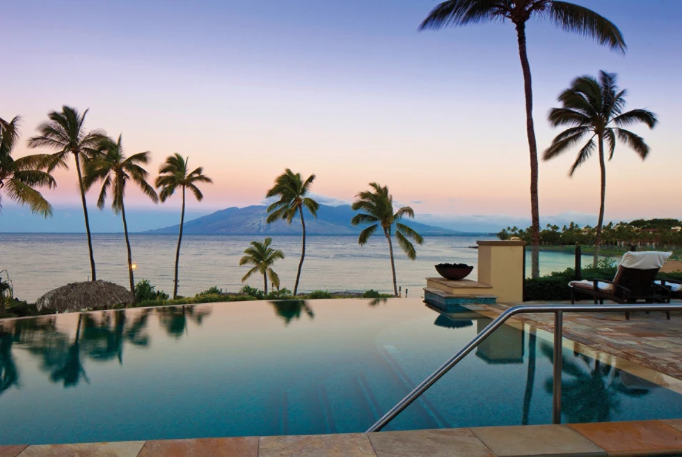 sleek infinity pool overlooking an island in the ocean