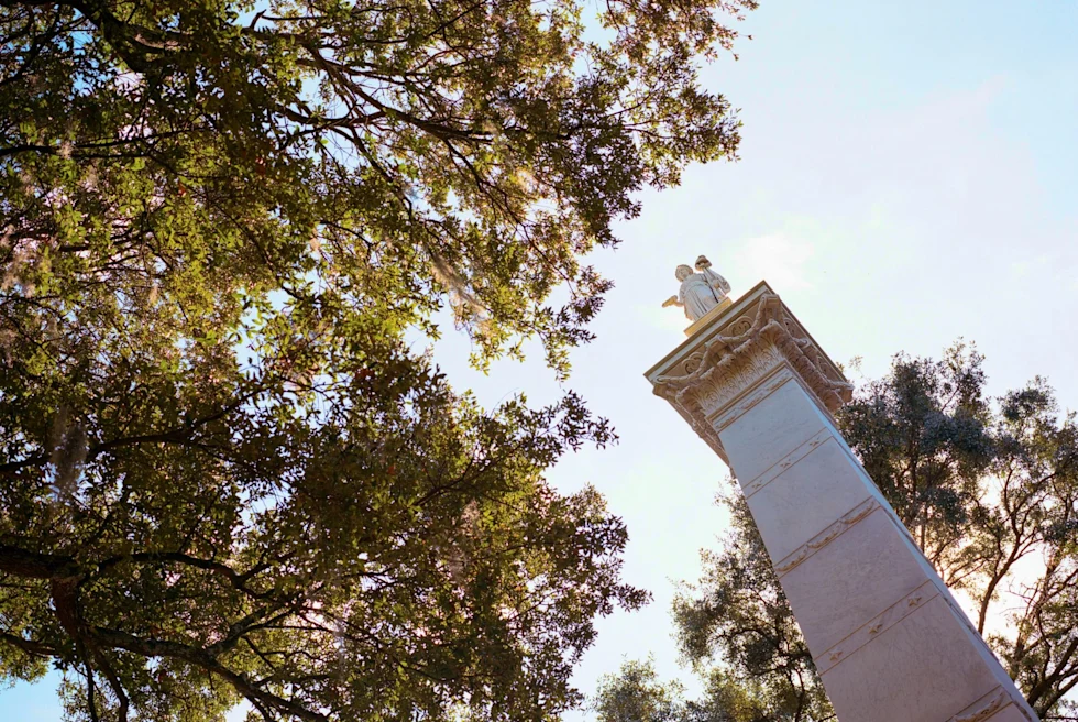 looking up at trees and white statue on a column