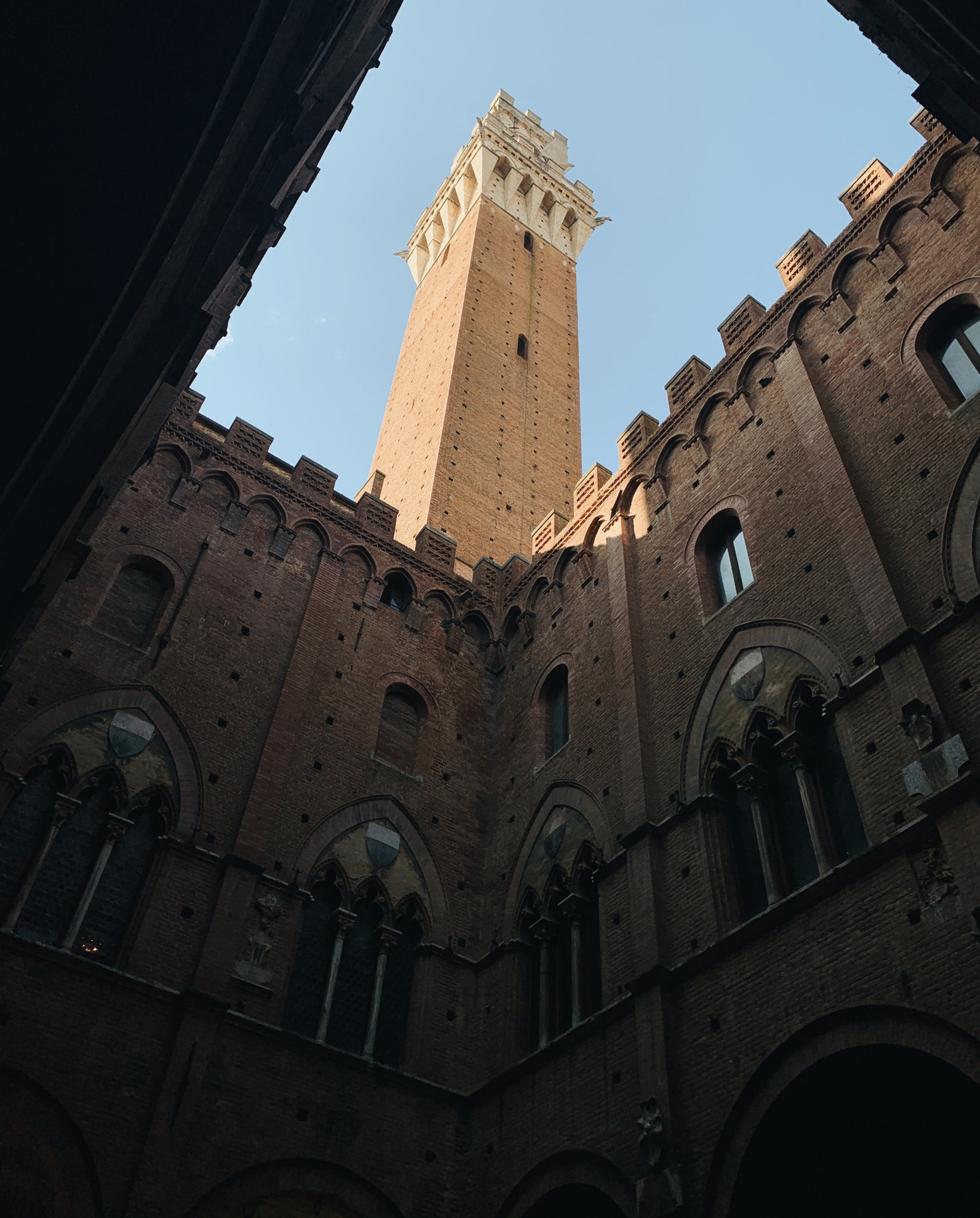 Upwards view of Piazza del Campo in Siena, Italy